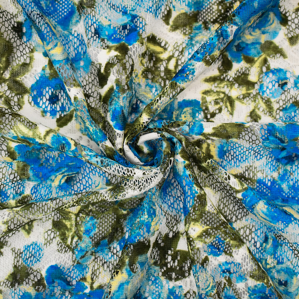 Blue-Green-Multi Poly Nylon Floral Printed Crochet Lace Mesh Knit Fabric
