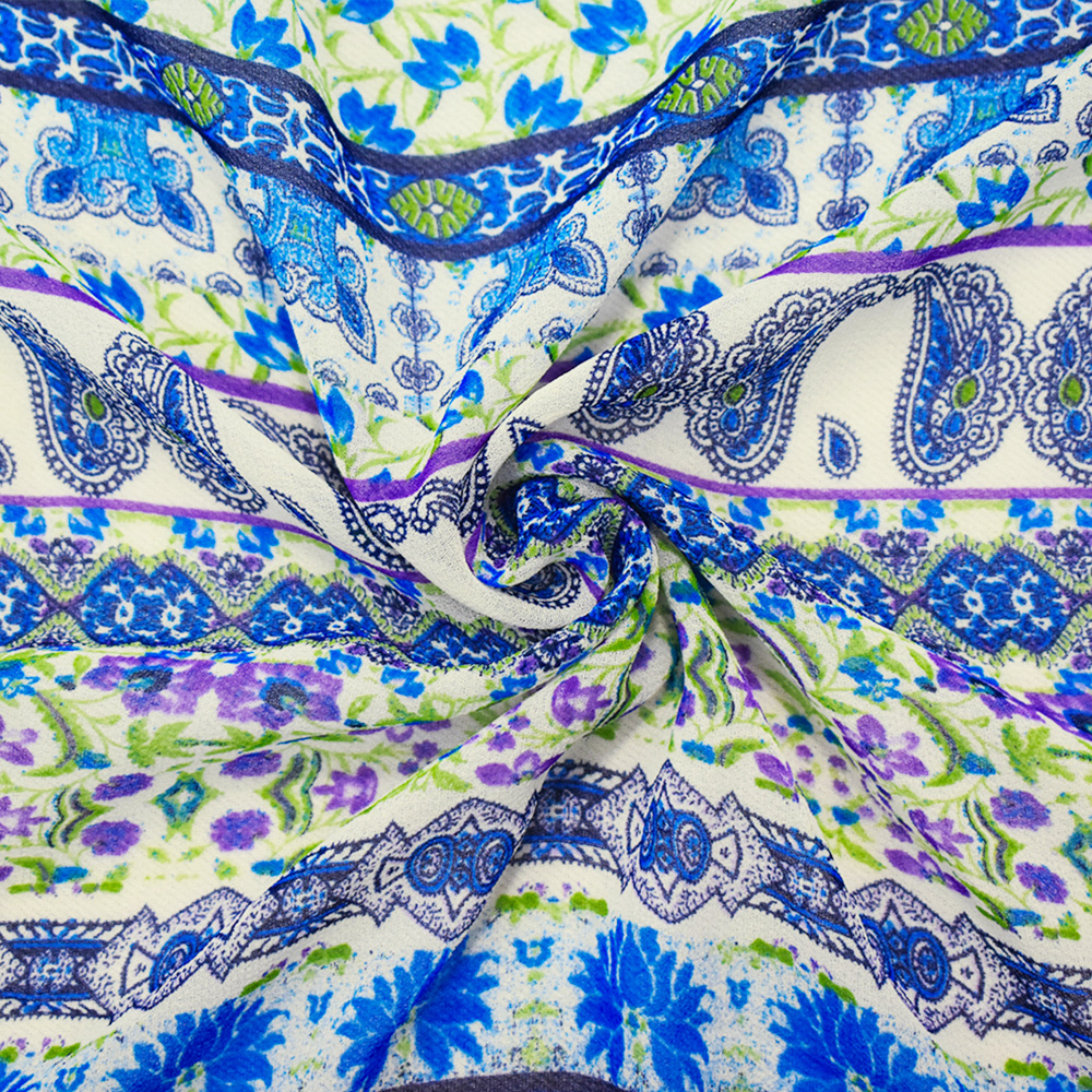 Blue-Purple-Multi Poly Border Floral Printed Chiffon Woven Fabric