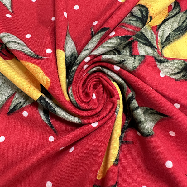 Red Lemon Polka Dot Print Double Brushed Jersey Knit Fabric