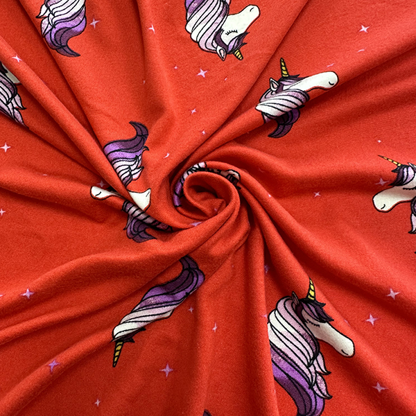 Red and White Star Unicorn Printed Double Brushed Jersey Knit Fabric