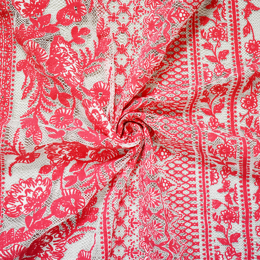 Coral Red-White Cotton-Nylon Multi Stripe Pattern Lace Mesh Knit Fabric
