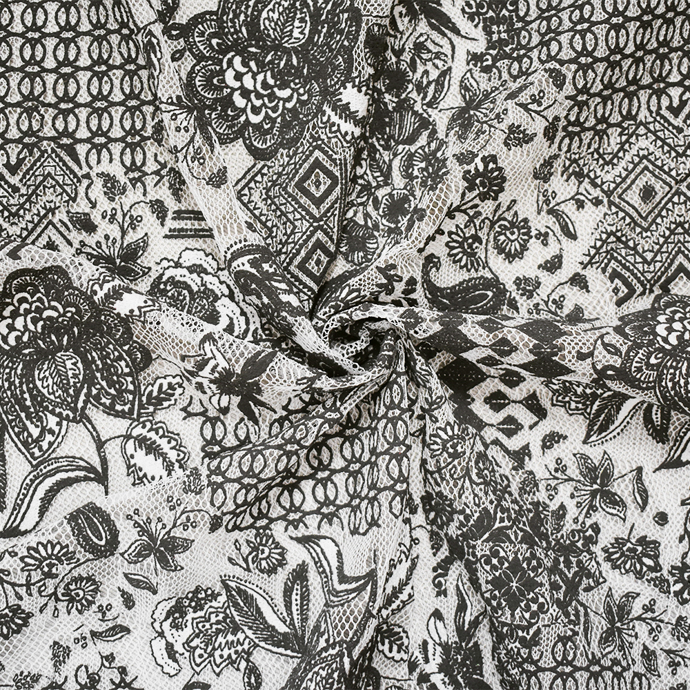 Black-White Poly Floral Patch Printed Lace Mesh Knit Fabric