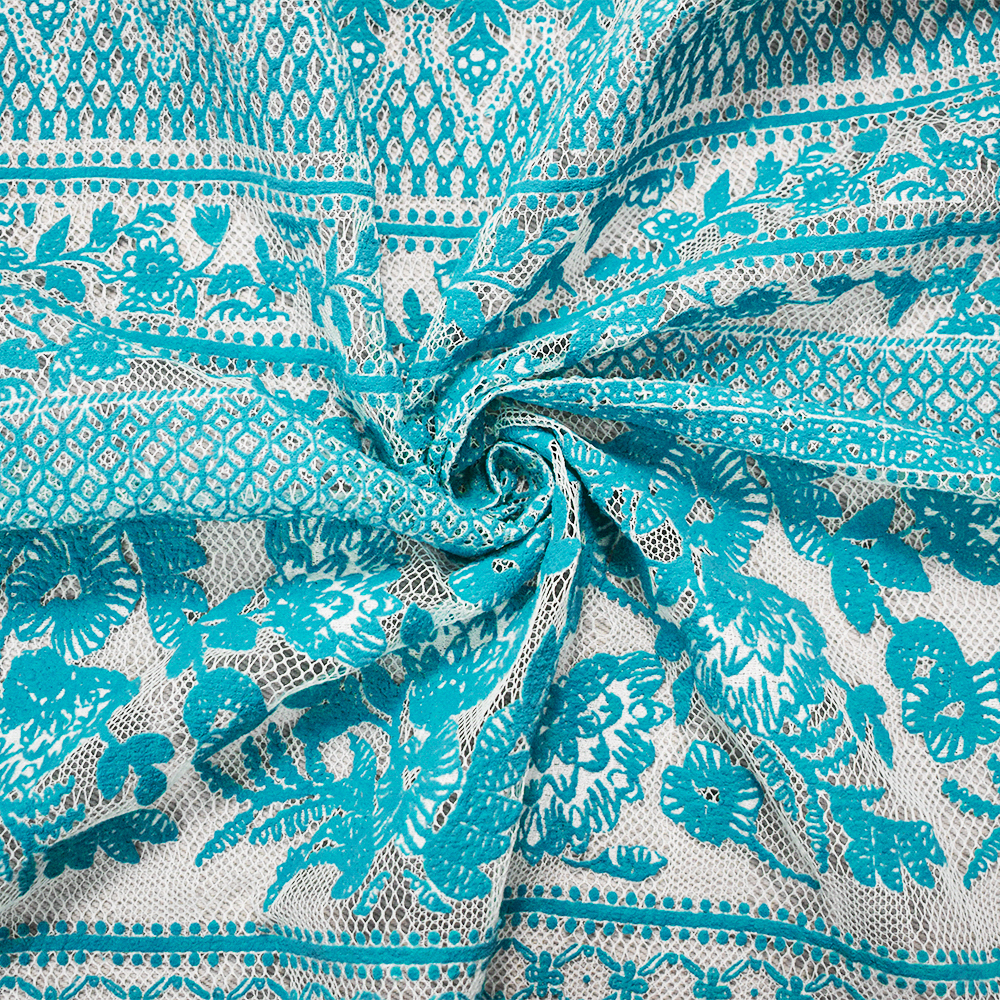 Turquoise-White Nylon Floral Multi Stripe Printed Mesh Lace Knit Fabric