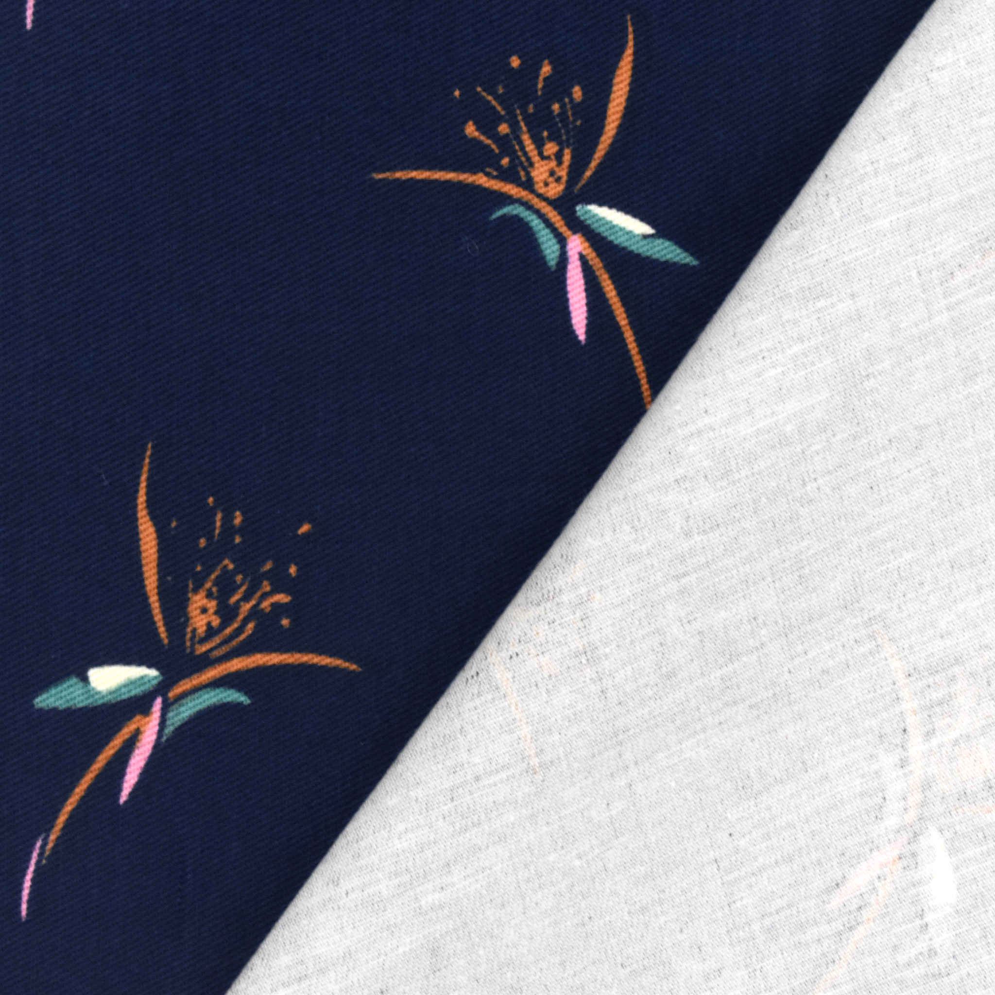 Dark Navy Blue-Multi Abstract Floral Printed Chino Twill Fabric
