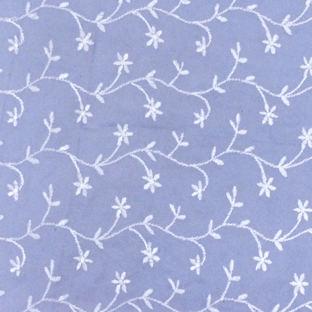 Moon Blue-White Floral Embroidered Rayon Chiffon Woven Fabric