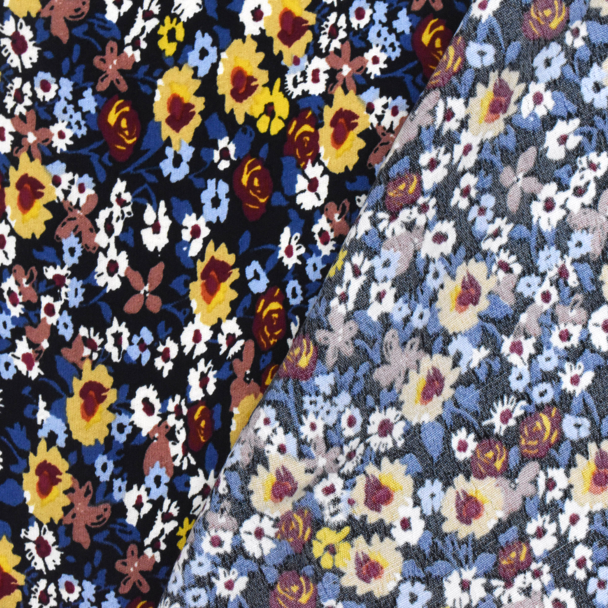 Black-Blue-Multi Famous Designer Floral Printed Viscose Crepe Faille Fabric