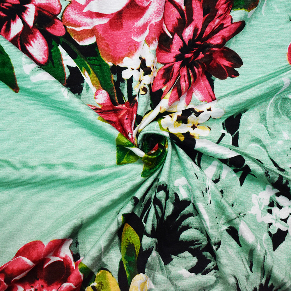 Teal-Pink-Multi Cotton Floral Stretch Spandex Printed Jersey Knit Fabric