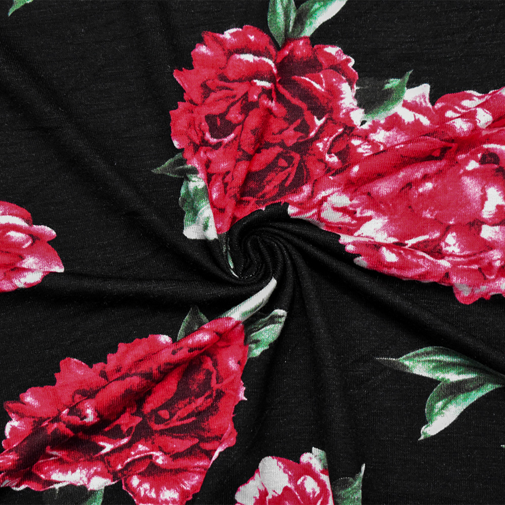 Black-Red-Green Cotton Floral Printed Stretch Spandex Jersey Knit Fabric