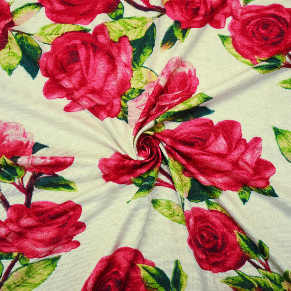 Ivory-Red-Multi Cotton Floral Printed Stretch Spandex Jersey Knit Fabric