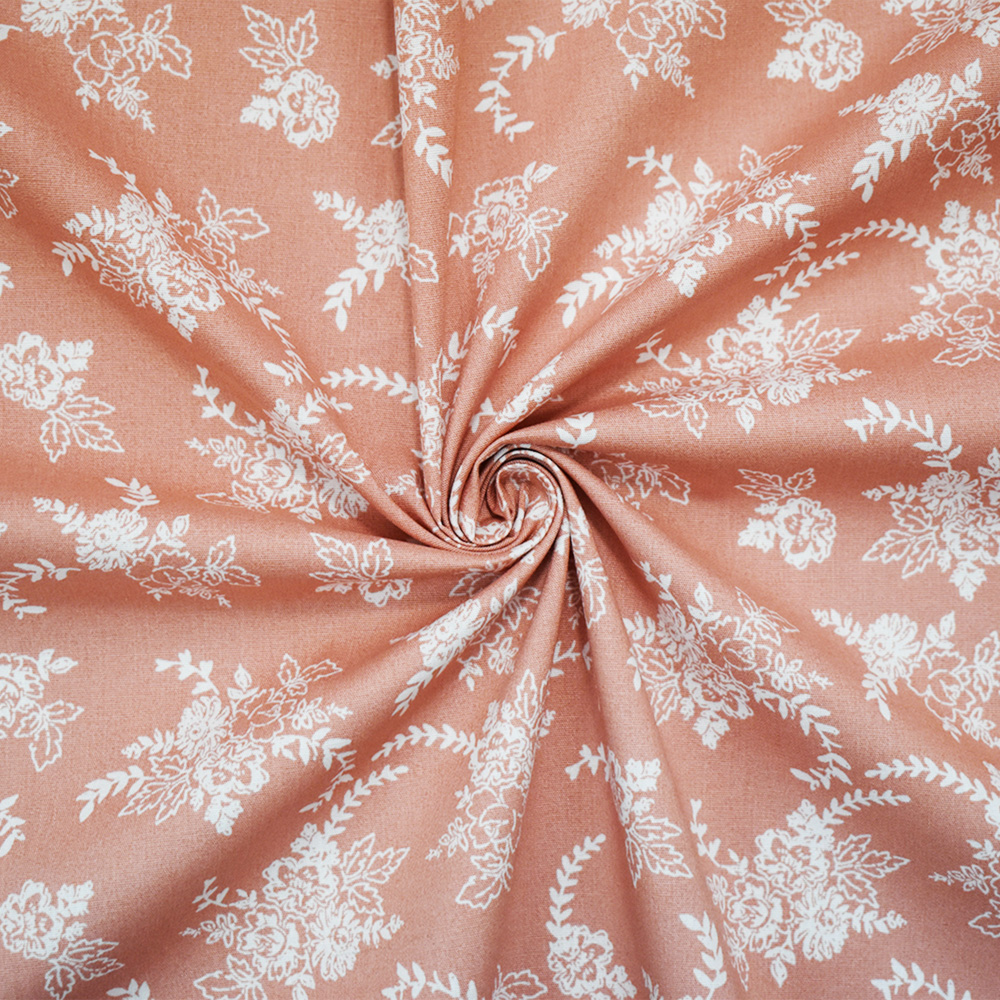 Peach Orange-White Cotton Floral Print Stretch Spandex Poplin Woven Fabric