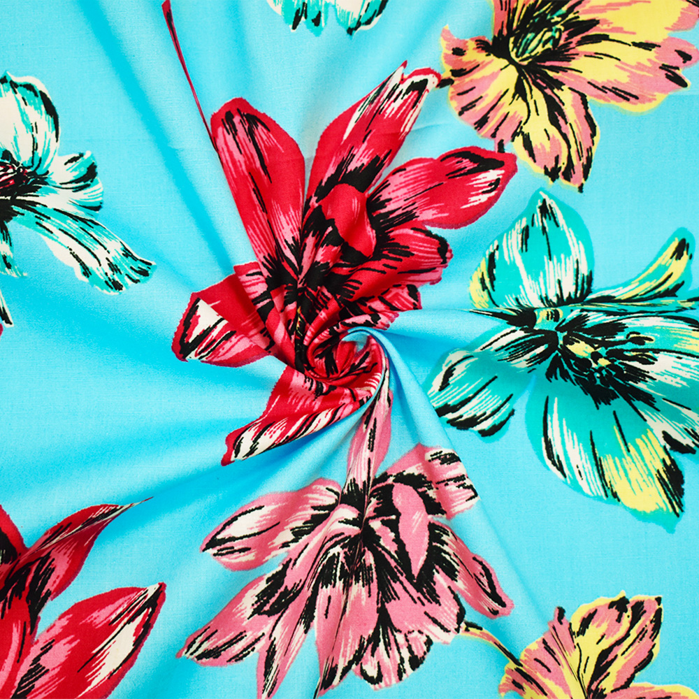 Blue-Red-Multi Cotton Floral Print Stretch Spandex Poplin Woven Fabric