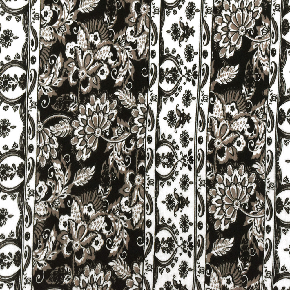 White-Taupe-Black Striped Floral Printed Rayon Stretch Jersey Knit Fabric