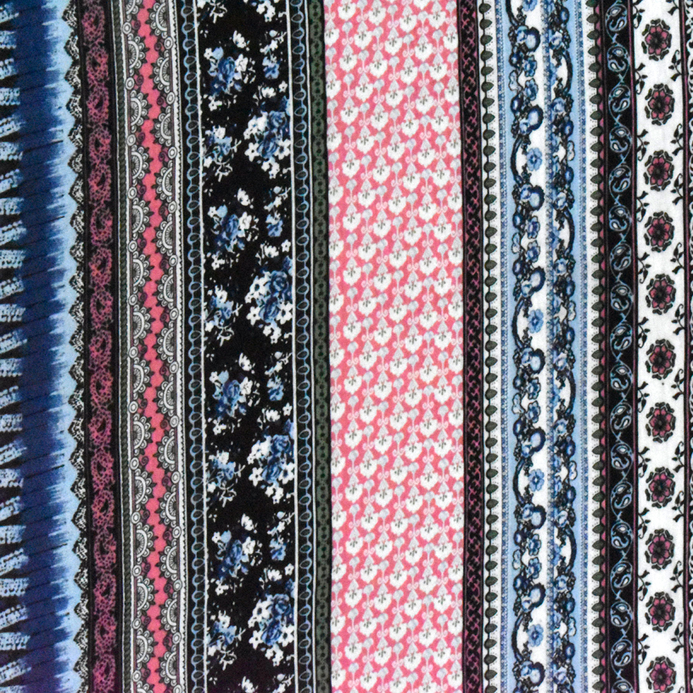 Deep Blue-Pink-Multi Striped Floral Print Rayon Stretch Jersey Knit Fabric