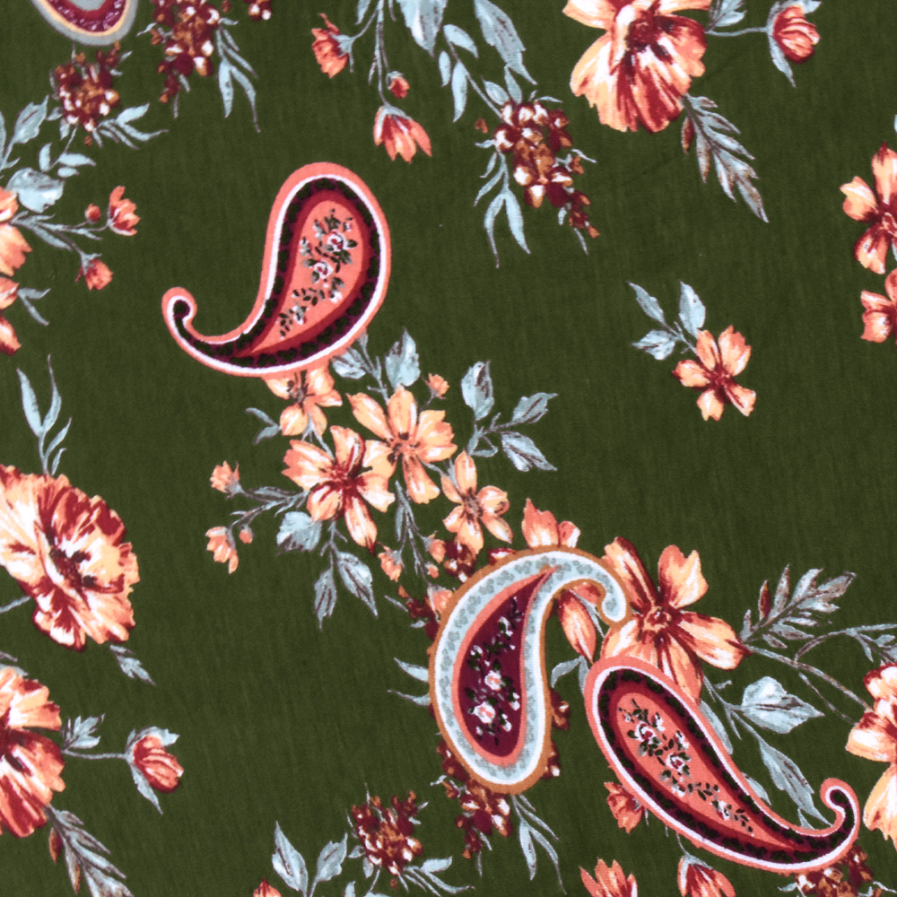 Green-Peach-Multi Paisley Floral Print Rayon Stretch Jersey Knit Fabric