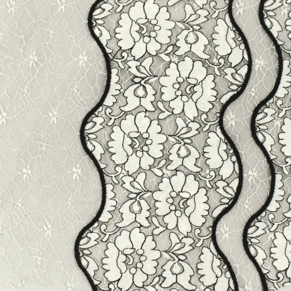 Classic Black-White Floral Wave Embroidered Polyester Mesh Lace Knit Fabric