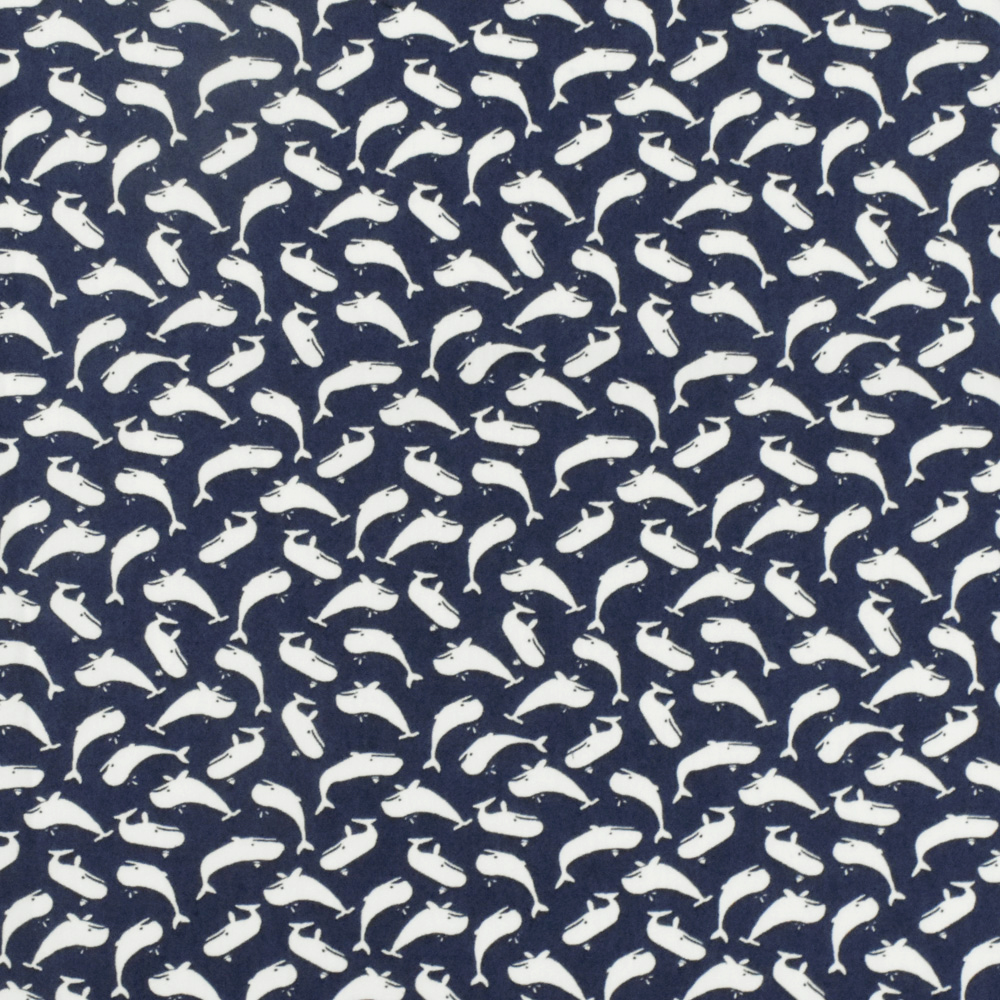 Navy Blue-White Whale Printed Cotton Broadcloth Woven Fabric