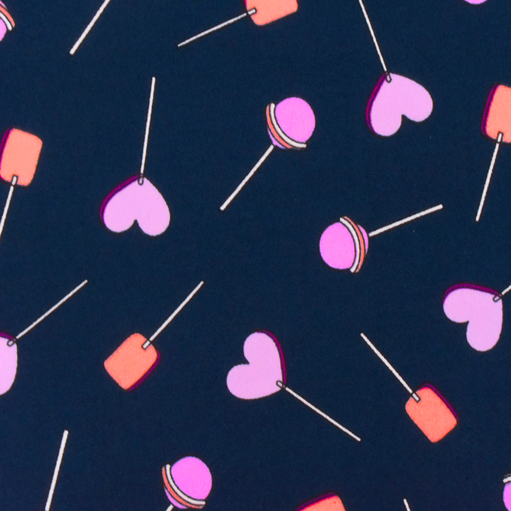 Navy Blue-Purple-Multi Lollipop Print Double Brush Stretch Poly ITY Fabric
