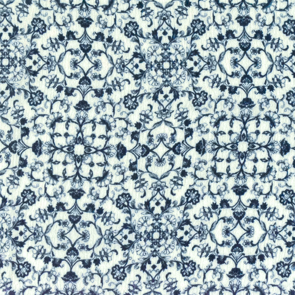 Deep Blue-Ivory Famous Designer Floral Trellis Print Crinkled Gauze Fabric