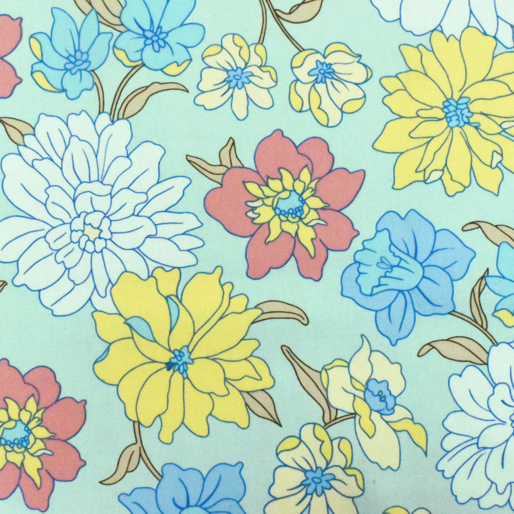 Light Teal-White-Multi Floral Printed Stretch Cotton Poplin Woven Fabric
