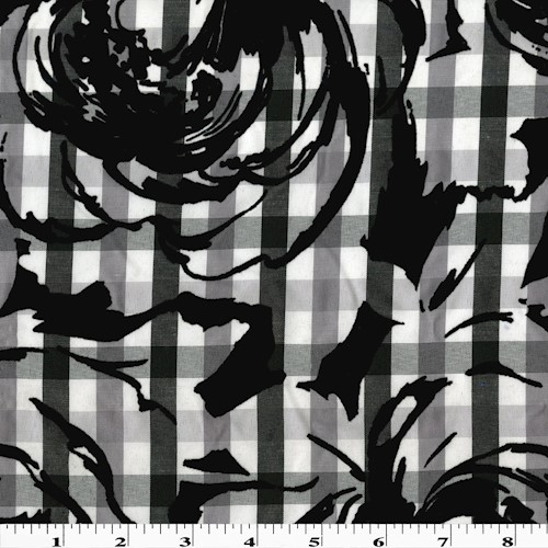 Black/Multi Velvet Flocked Floral Print Gingham Shirting Fabric