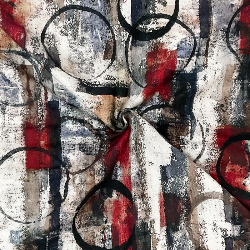 Gray-Red-Multi Cotton Abstract Printed Jersey Knit Fabric