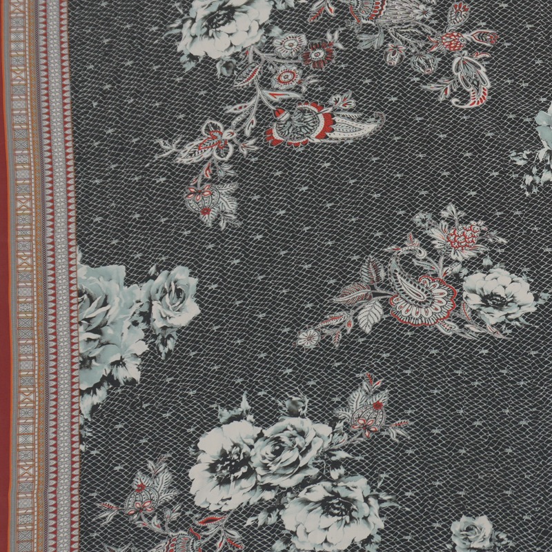 Black Silk Floral PANEL Border Printed Crepe De Chine Fabric