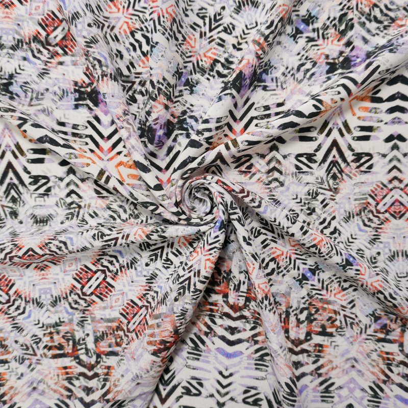 White Silk Abstract Aztec Printed Crepe De Chine Woven Fabric