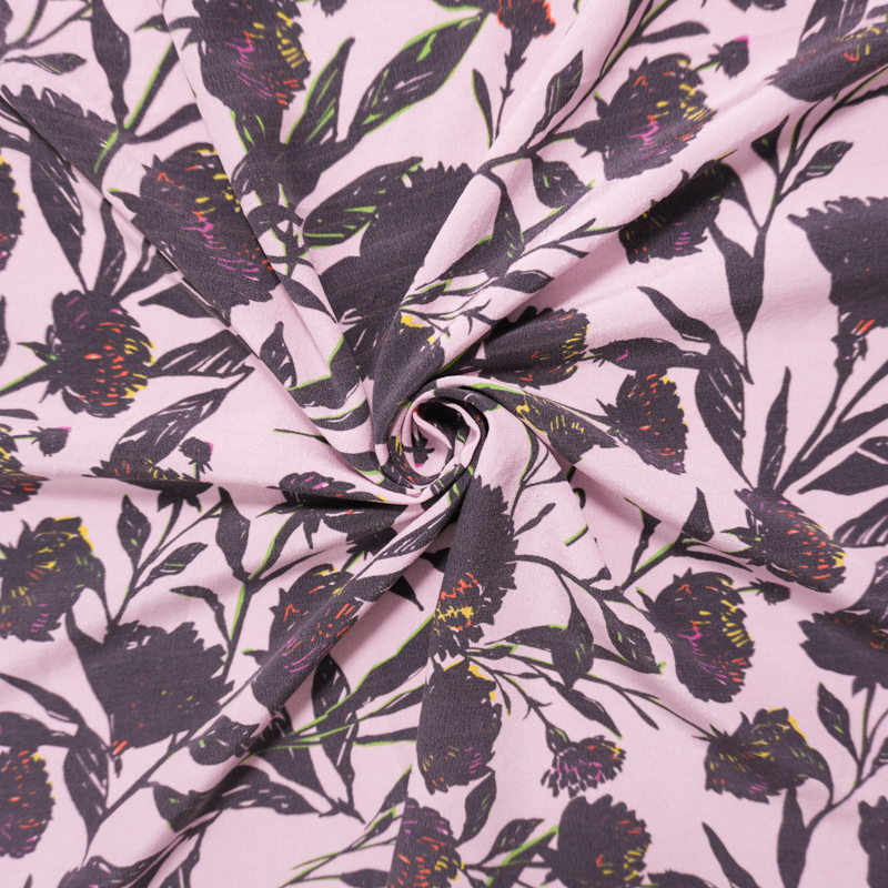 Pink Silk Floral Printed Crepe De Chine Woven Fabric