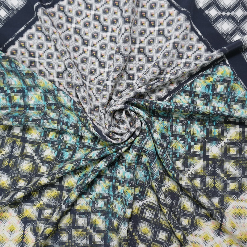 Blue Silk Diamond Printed Crepe De Chine Woven Fabric