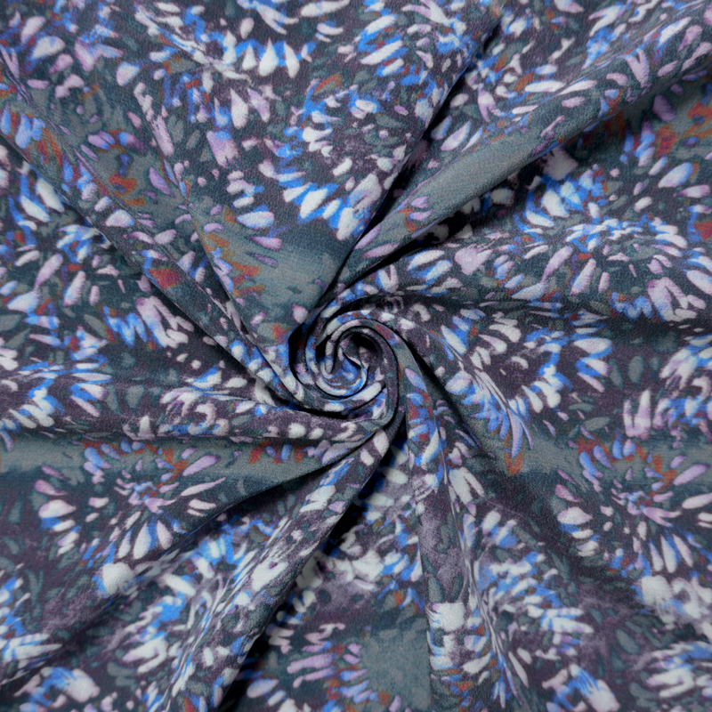 Purple Silk Abstract Floral Printed Matte Crepe De Chine Woven Fabric