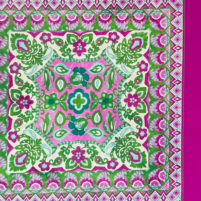 Pink-Green Cotton Floral Border PANEL Poplin Designer Fabric
