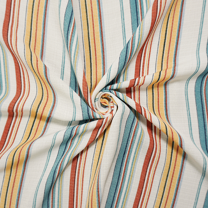 Teal-White-Multi Famous Maker Poly Linen-Like Stripe Woven Fabric