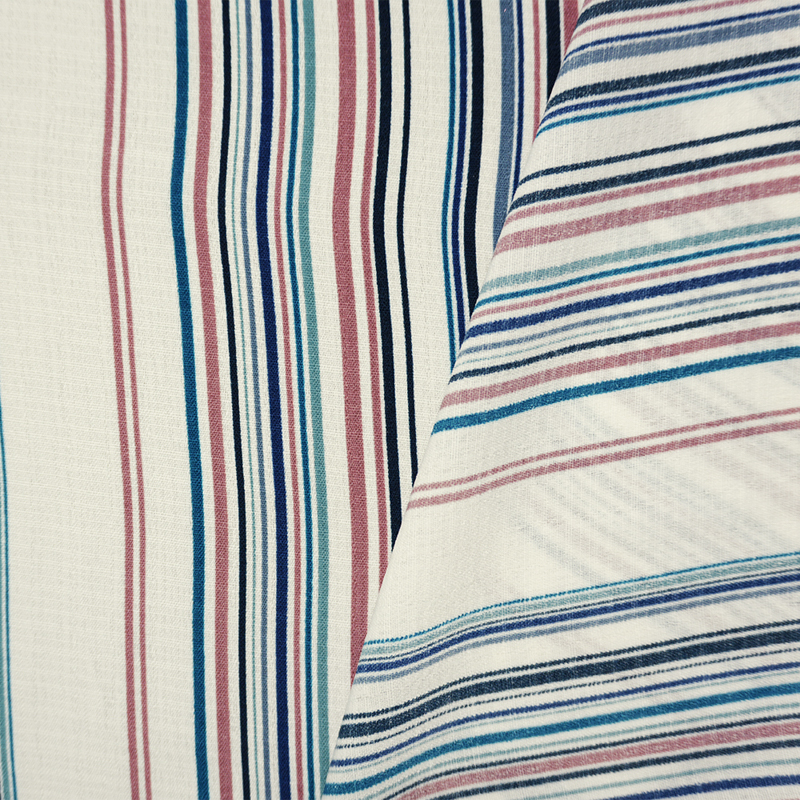 Blue-Teal-White Famous Maker Poly Linen-Like Striped Woven Fabric