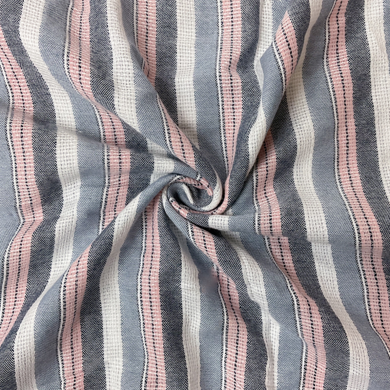 Blue-Pink-White Cotton Rayon Stripe Dobby Woven Fabric
