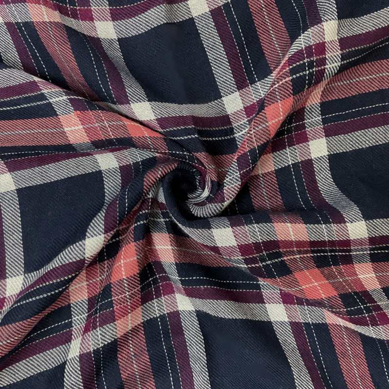 Navy Blue-Pink-Purple-White Rayon Plaid Twill Woven Fabric