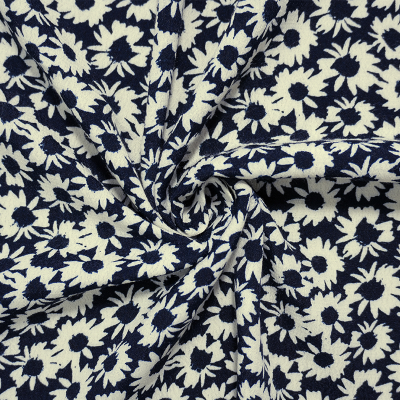 Deep Navy-White Famous Designer Viscose Floral Printed Crepe Faille Woven Fabric