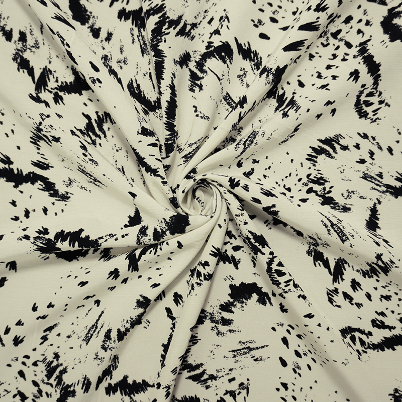 Ivory-Black Designer Viscose Abstract Crepe De Chine Woven Fabric