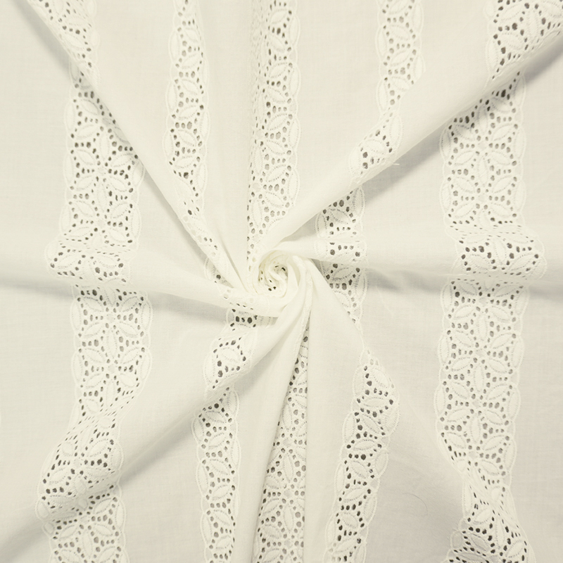 White Famous Designer Cotton Floral Stripe Embroidered Eyelet Voile Woven Fabric