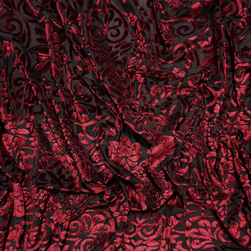 Black-Red Designer Poly Nylon Baroque Burnout Velvet Knit Fabric
