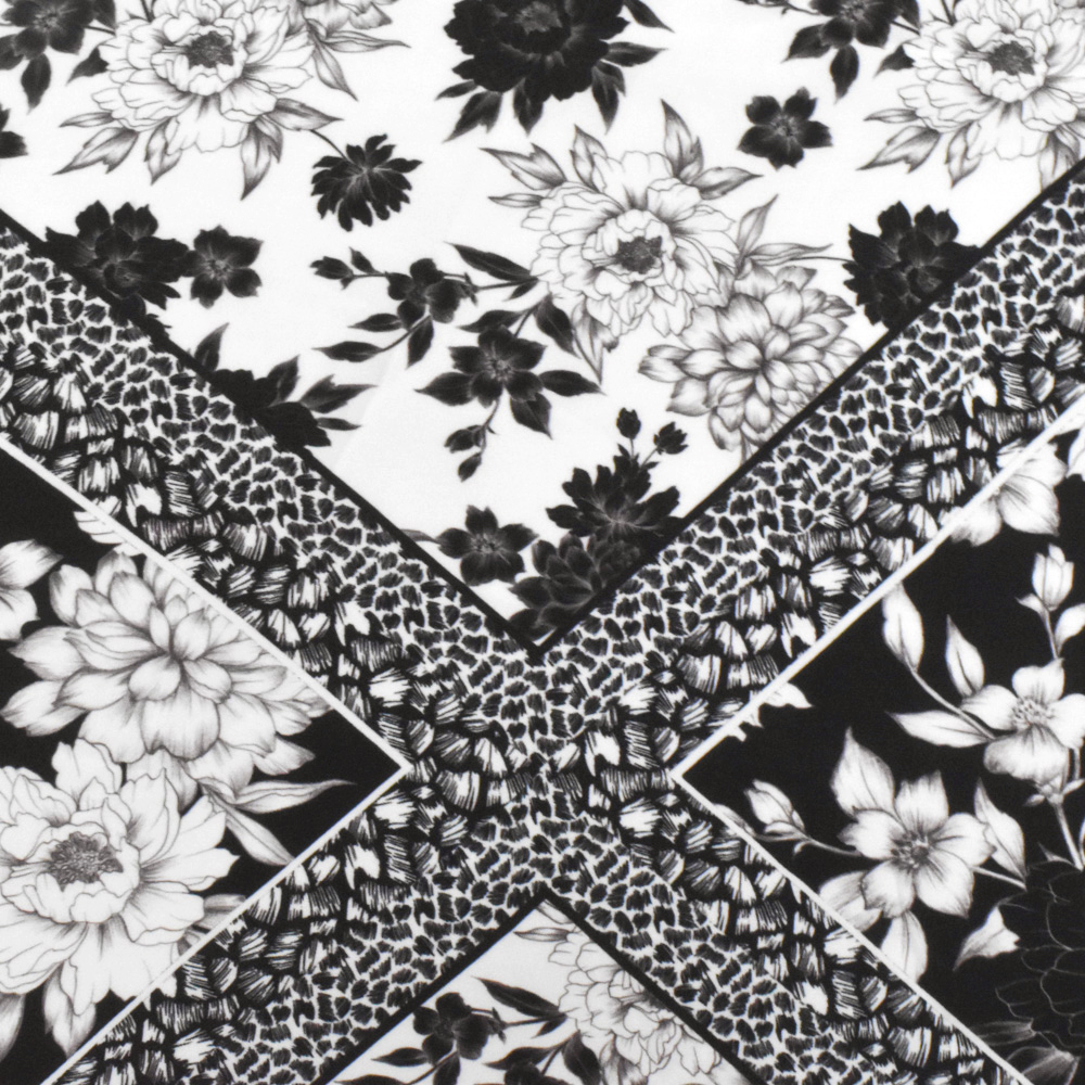 Black-White-Gray Famous Designer Floral Tile Printed Faille Woven Fabric