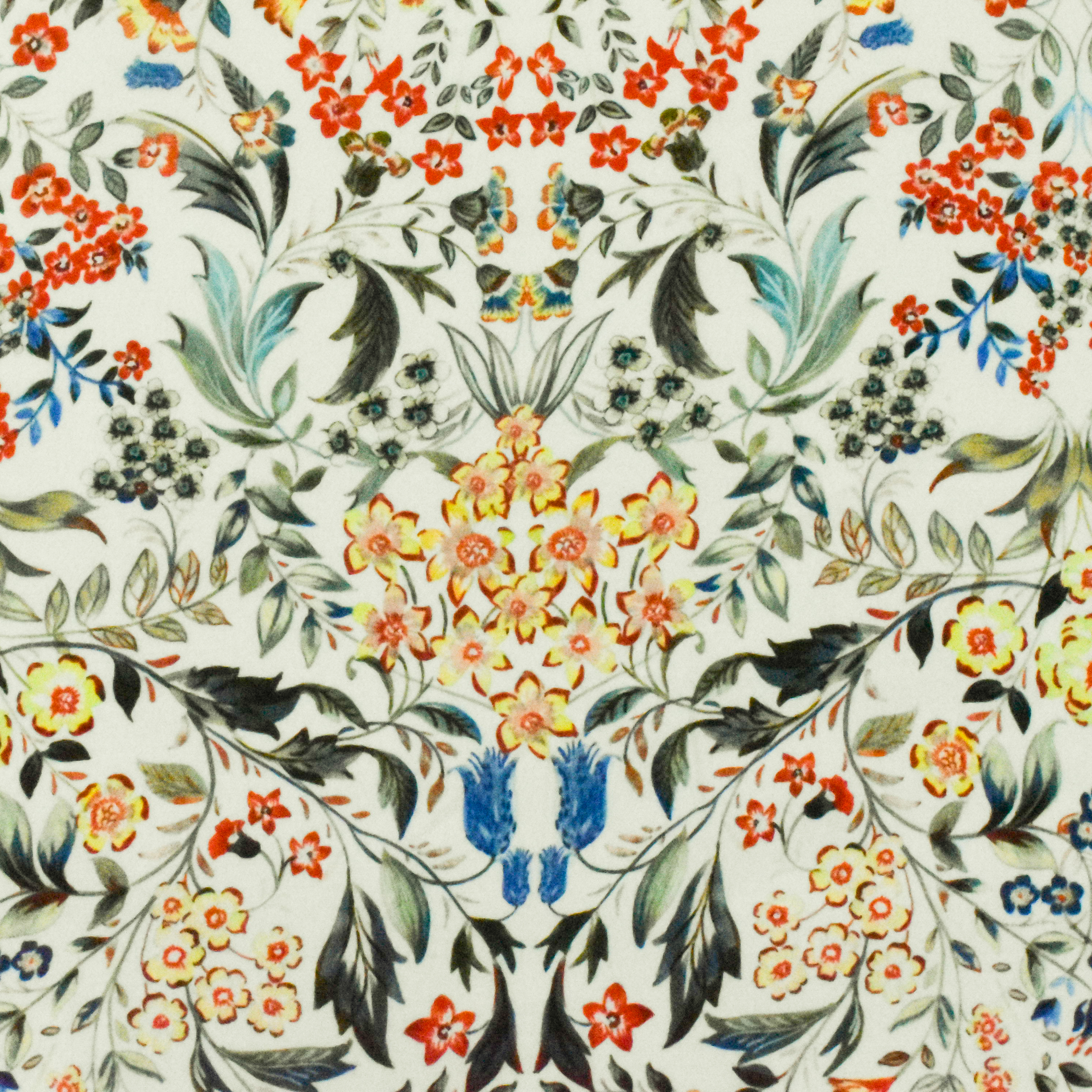 White-Red-Multi Famous Designer Floral Printed Viscose Crepe Faille Fabric