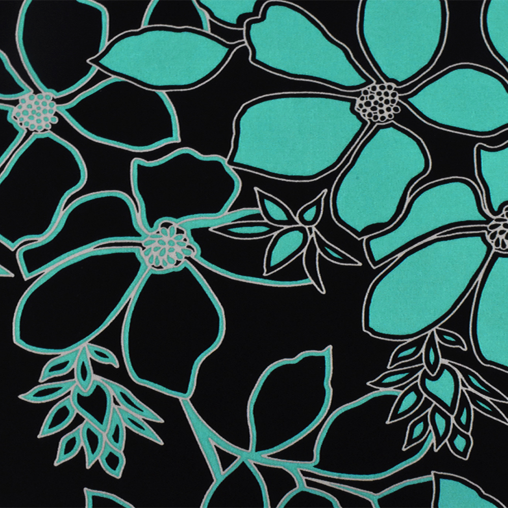 Teal-Black-Beige Famous Designer Floral Printed Viscose Crepe Faille Fabric