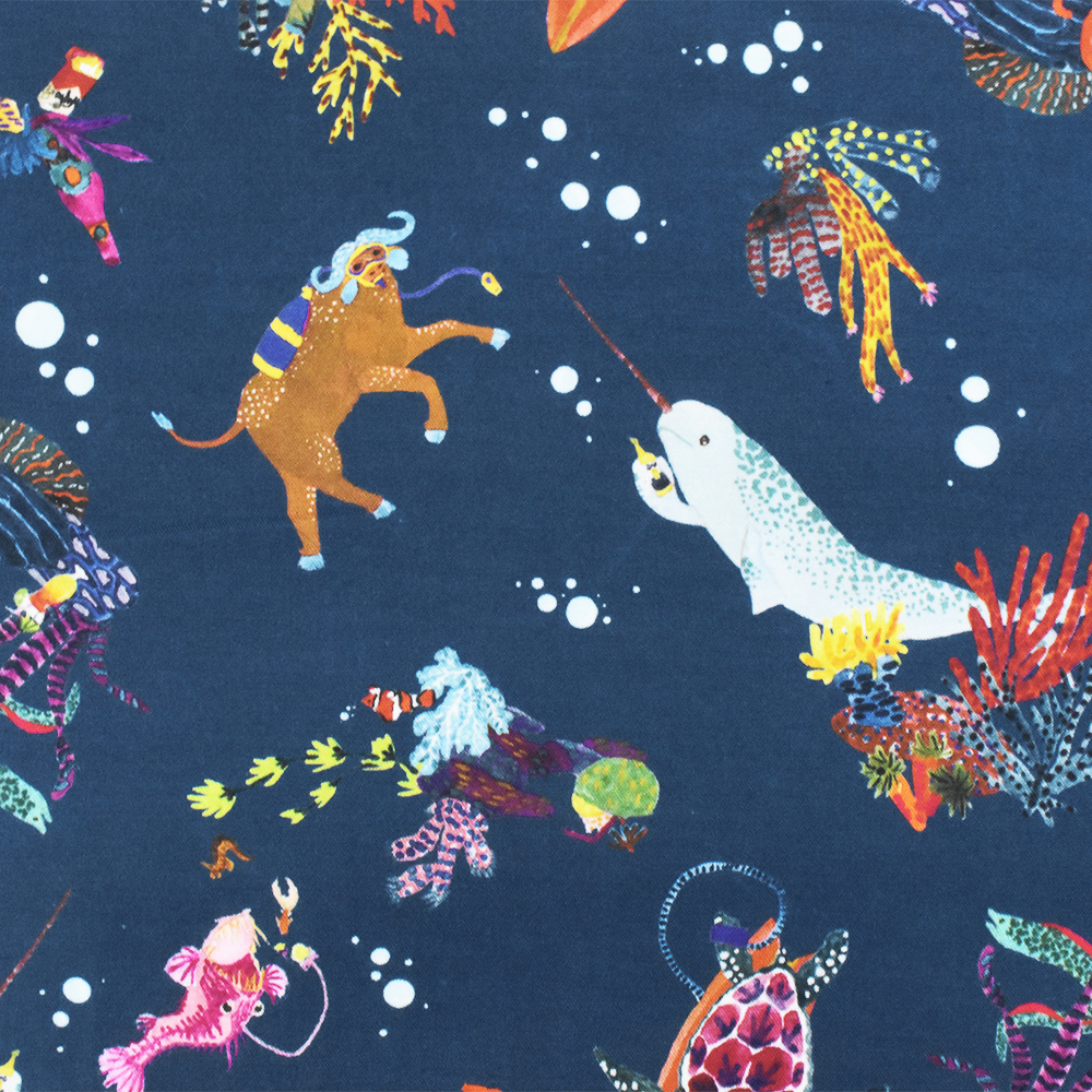 Harbor Blue-Orange-Multi Marine Life Printed Tencel Twill Woven Fabric