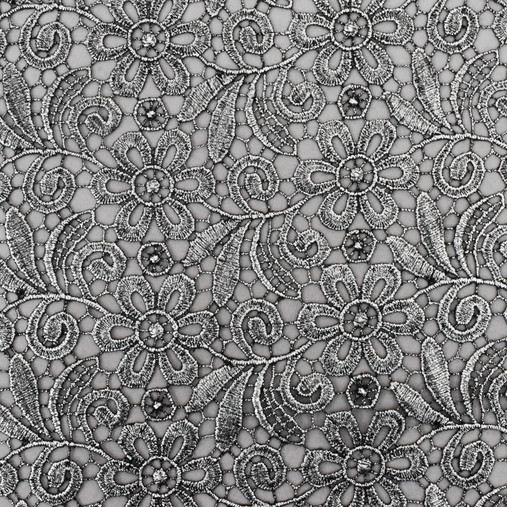 Silver-Black Foil Printed Floral Lace Knit Fabric