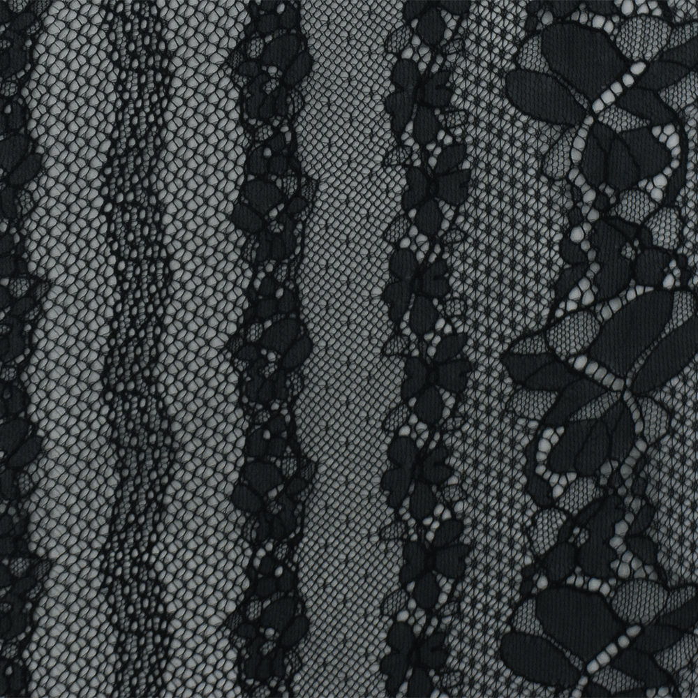 Black-Gray Panel Stripe Floral Border Nylon Rayon Raschel Lace Knit Fabric