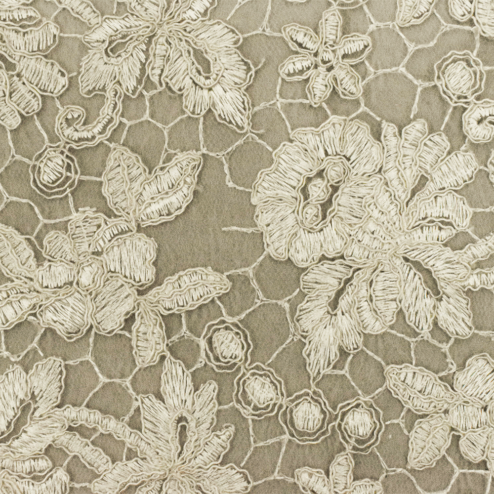Beige-White Floral Embroidered Mesh Lace Knit Fabric