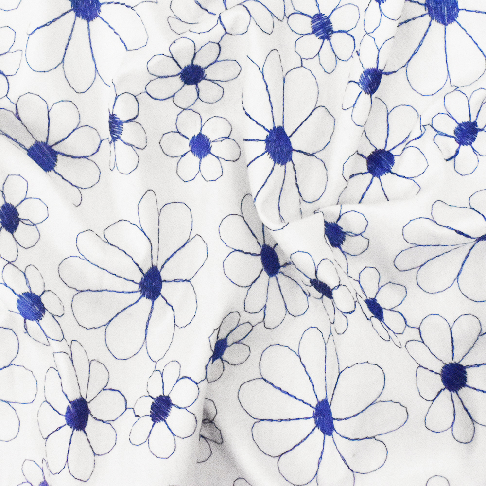 White-Blue Floral Embroidered Cotton Broadcloth Woven Fabric