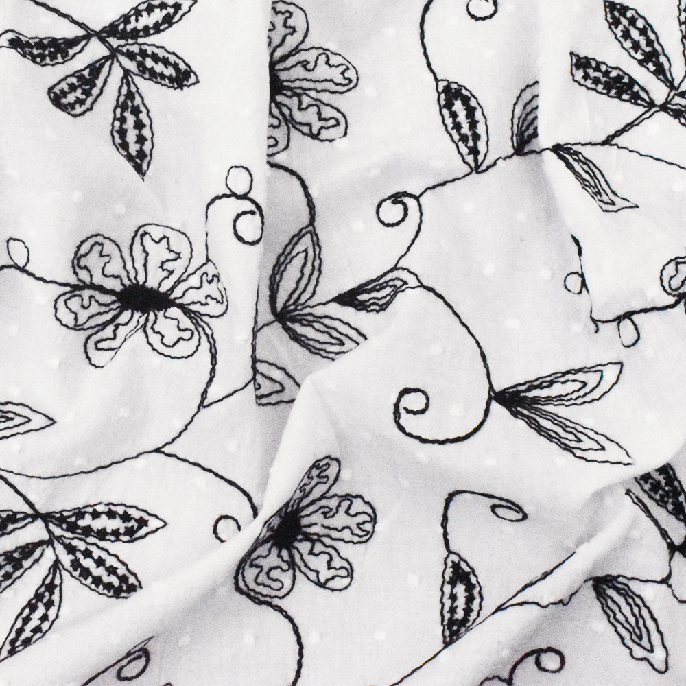 White-Black Floral Embroidered Swiss Dot Cotton Batiste Woven Fabric