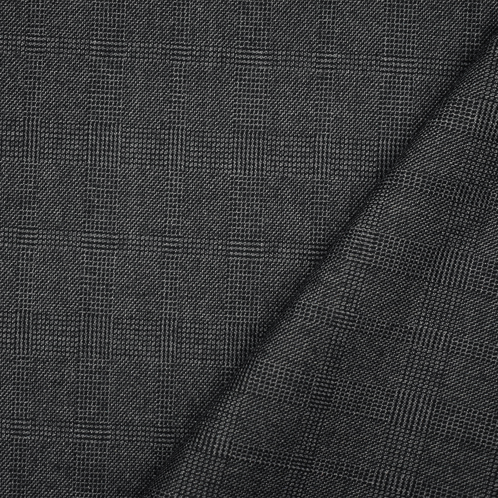 Black-Gray Wool Polyester Check Plaid Dobby Suiting Fabric