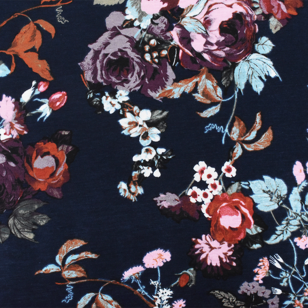 Blue-Pink-Multi Floral Printed Stretch Rayon Spandex Jersey Knit Fabric